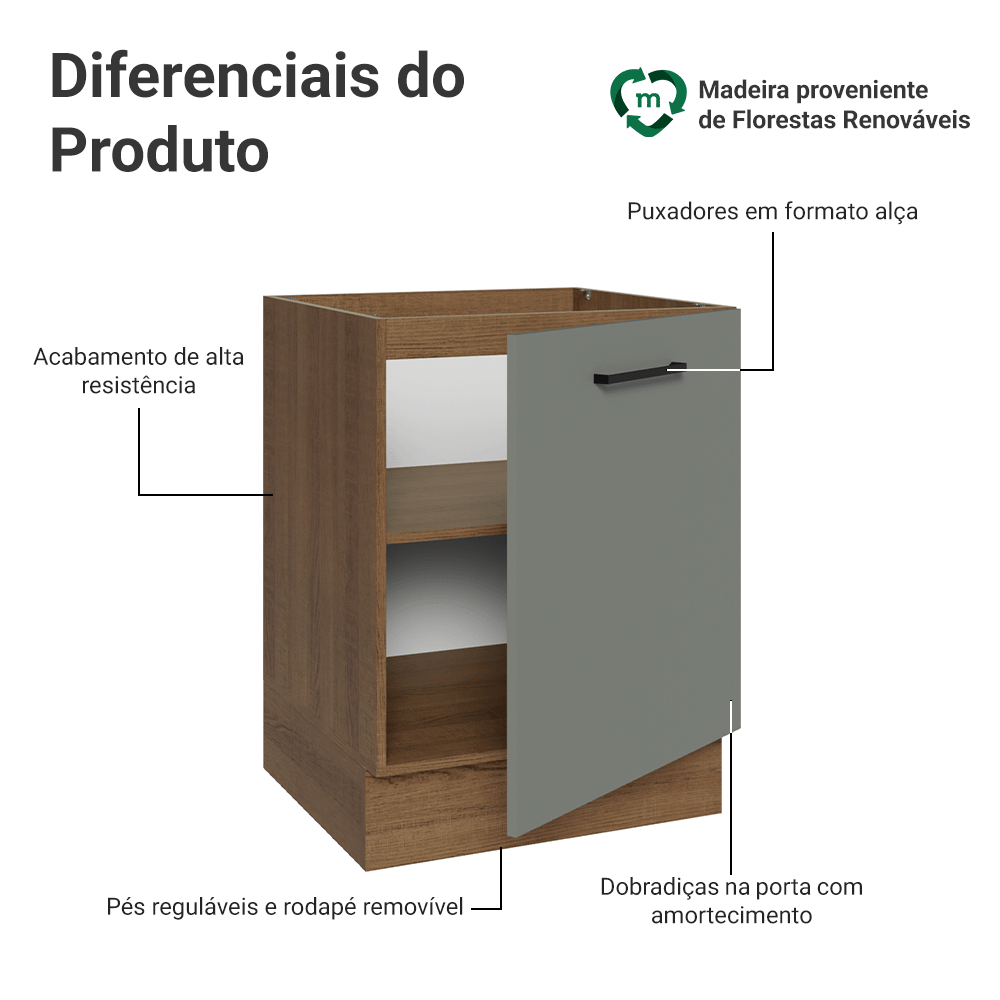 Balcão de Cozinha 60 cm 1 Porta (Sem Tampo) Rustic/Cinza Agata Madesa