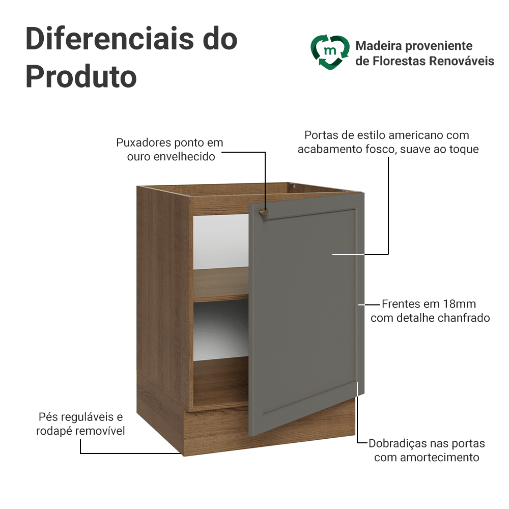 Balcão de Cozinha 60 cm 1 Porta (Sem Tampo) Rustic/Cinza Vik Madesa