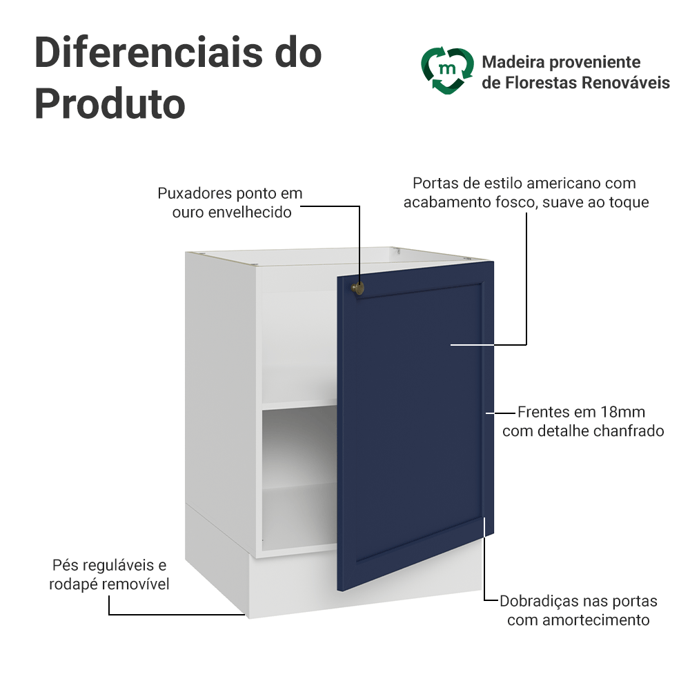 Balcão de Cozinha 60 cm 1 Porta (Sem Tampo) Branco/Azul Vik Madesa
