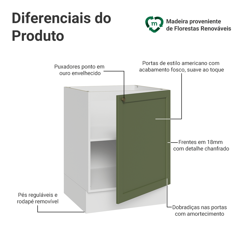 Balcão de Cozinha 60 cm 1 Porta (Sem Tampo) Branco/Verde Vik Madesa