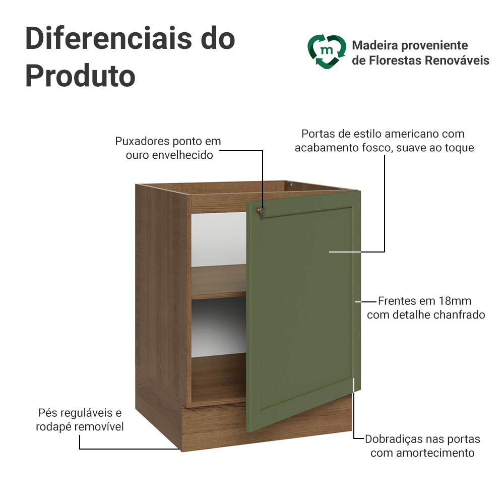 Balcão de Cozinha 60 cm 1 Porta (Sem Tampo) Rustic/Verde Vik Madesa