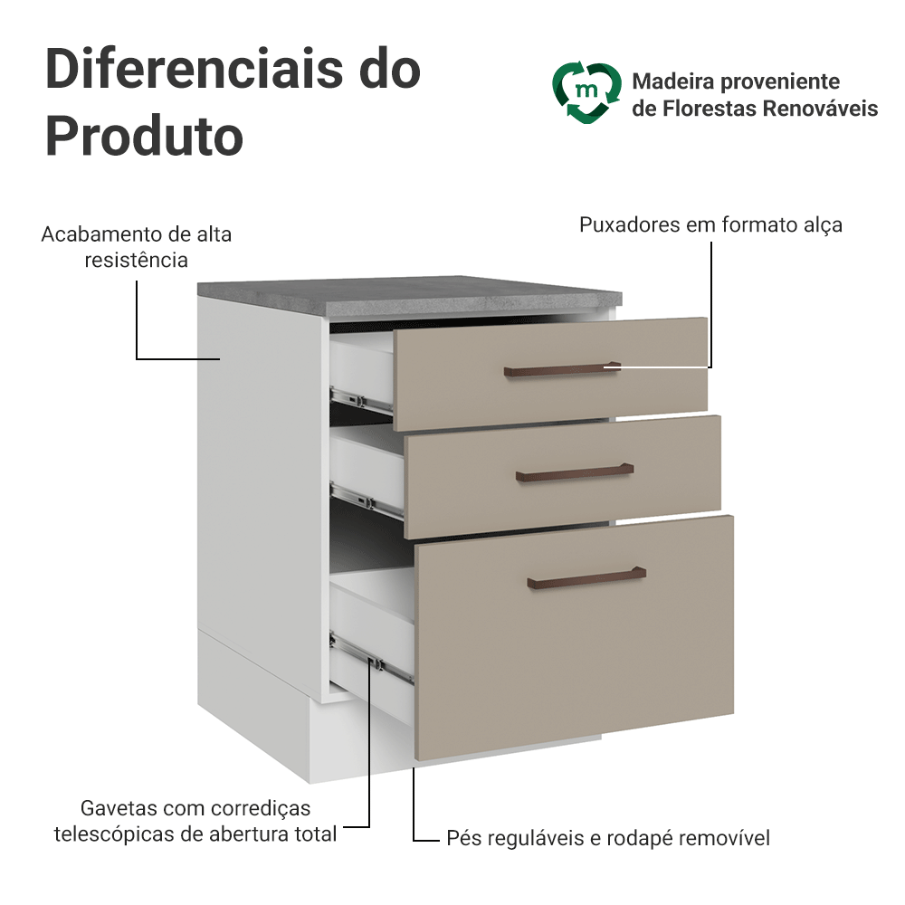 Balcão 60 cm 3 Gavetas Branco/Crema Agata Madesa