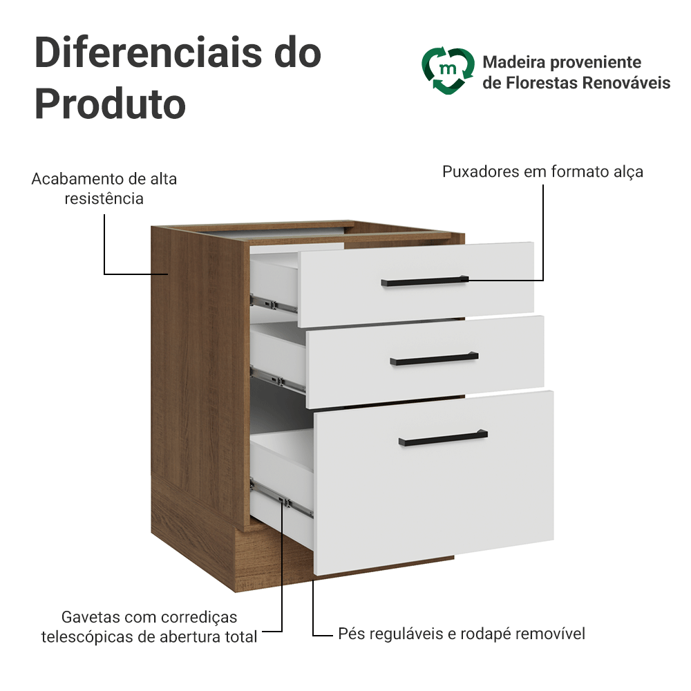 Balcão de Cozinha 60 cm 3 Gavetas (Sem Tampo) Rustic/Branco Agata Madesa