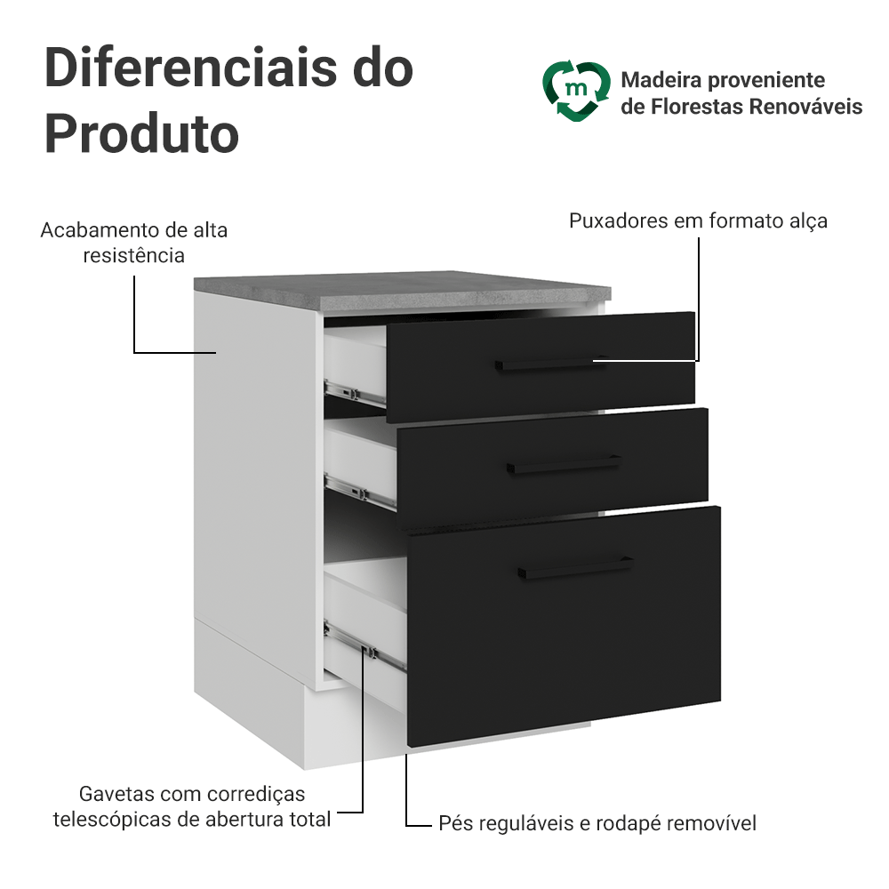 Balcão Madesa Agata 60 cm 3 Gavetas Branco/Preto