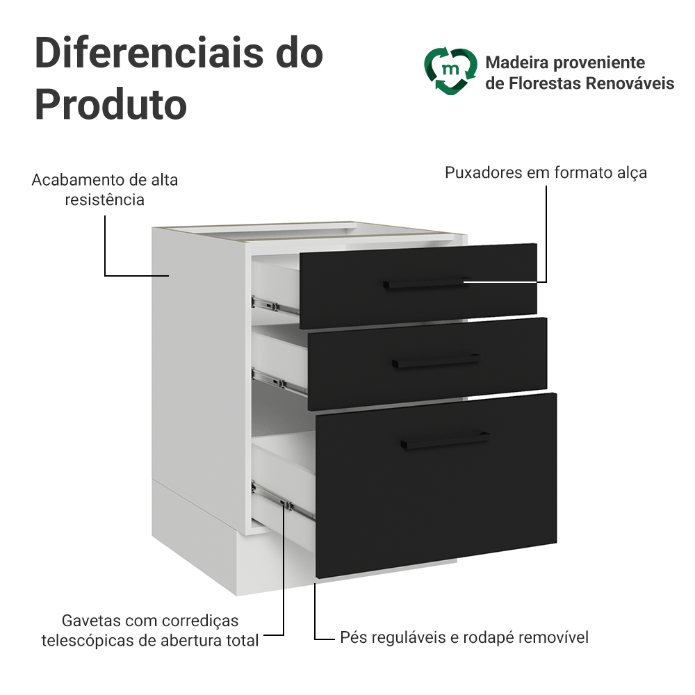 Balcão de Cozinha 60 cm 3 Gavetas (Sem Tampo) Branco/Preto Agata Madesa