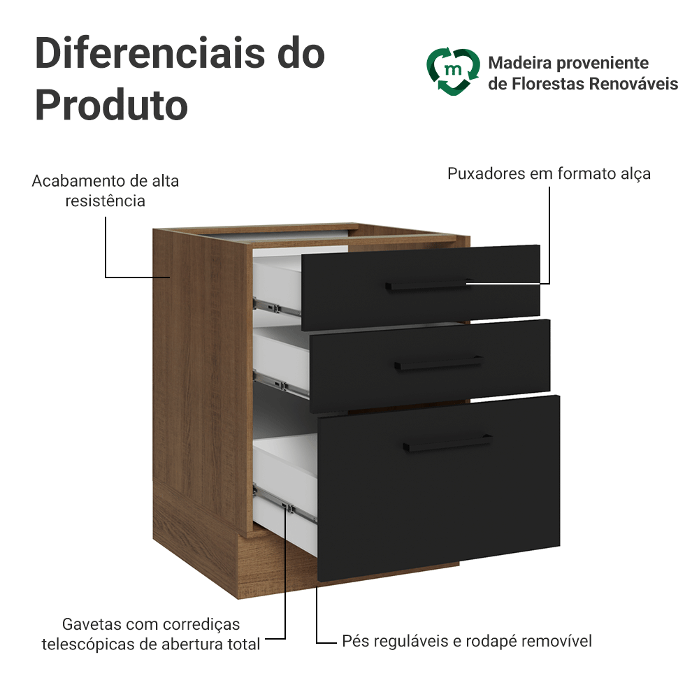 Balcão de Cozinha 60 cm 3 Gavetas (Sem Tampo) Rustic/Preto Agata Madesa