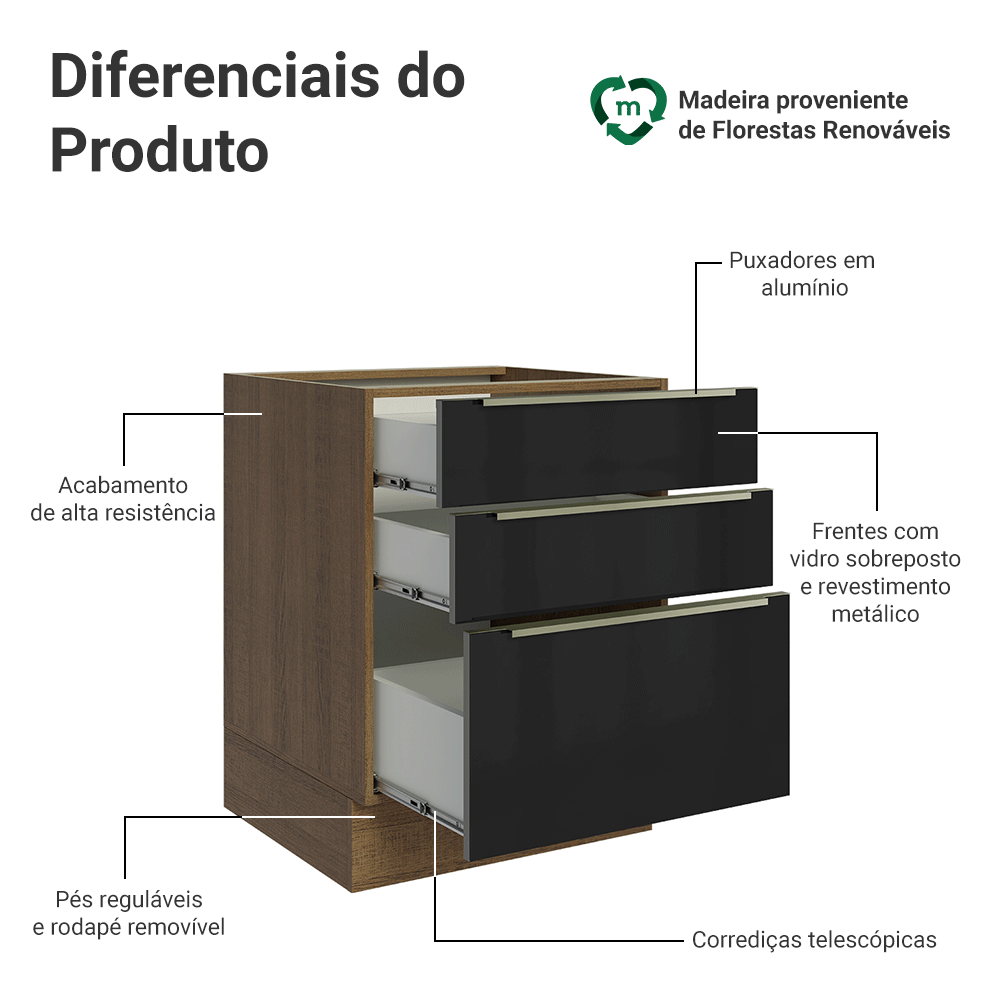 Balcão de Cozinha 60 cm 3 Gavetas (Sem Tampo) Rustic/Preto Lux Madesa
