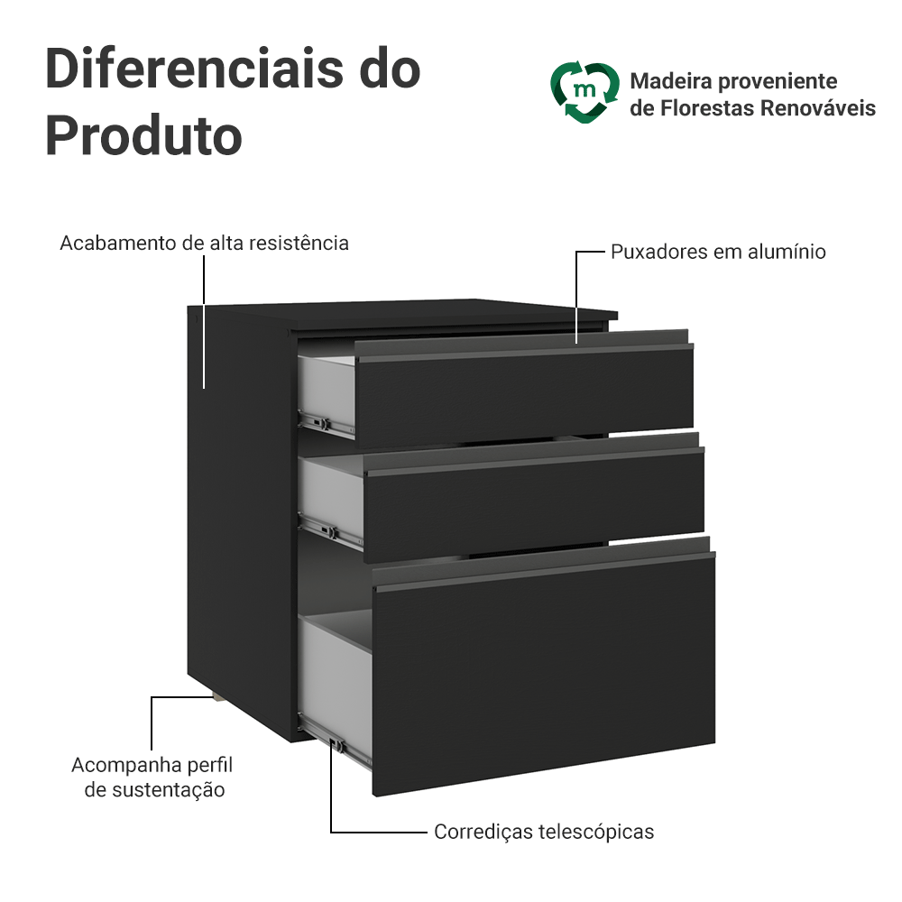 Balcão de Cozinha 60 cm 3 Gavetas Suspenso Preto Nice Madesa