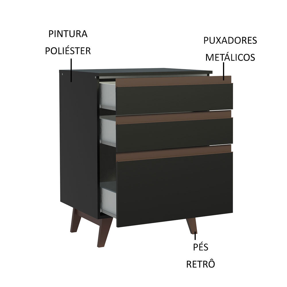 Balcão Madesa Reims 60 cm 3 Gavetas Preto