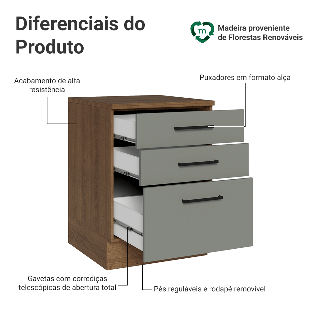 Balcão Madesa Agata 60 cm 3 Gavetas Rustic/Cinza