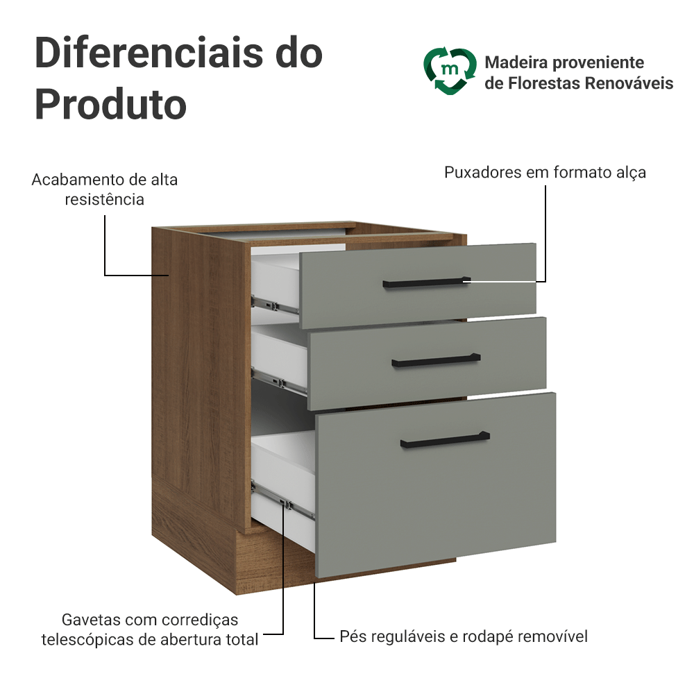 Balcão de Cozinha 60 cm 3 Gavetas (Sem Tampo) Rustic/Cinza Agata Madesa