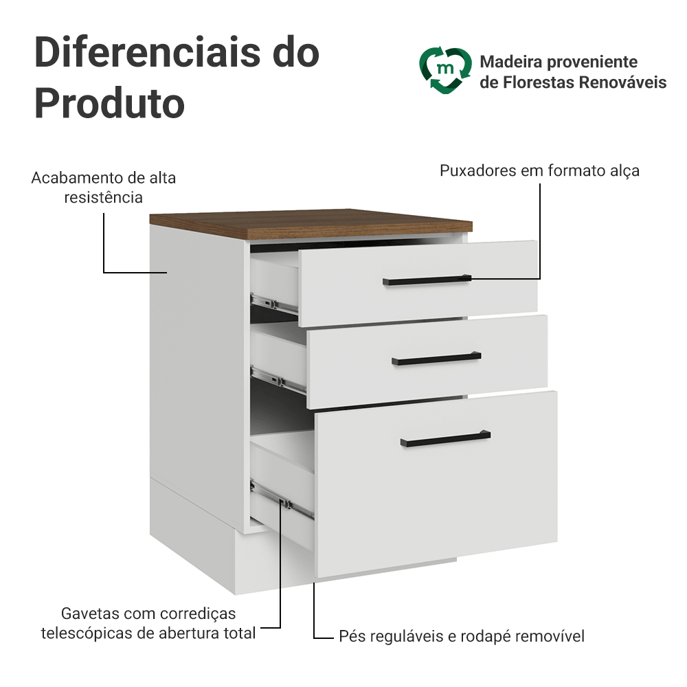 Balcão de Cozinha 60 cm 3 Gavetas Branco Tampo Rustic Agata Madesa