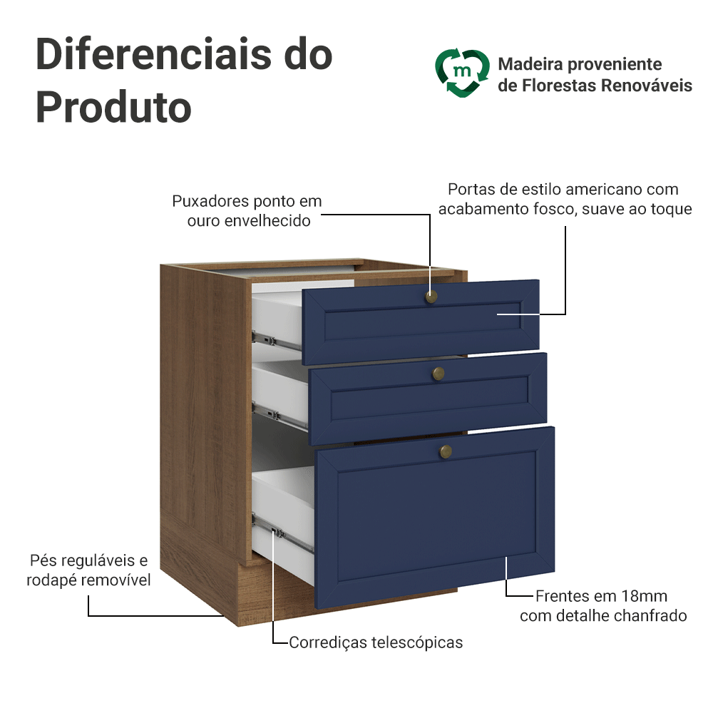 Balcão de Cozinha 60 cm 3 Gavetas (Sem Tampo) Rustic/Azul Vik Madesa