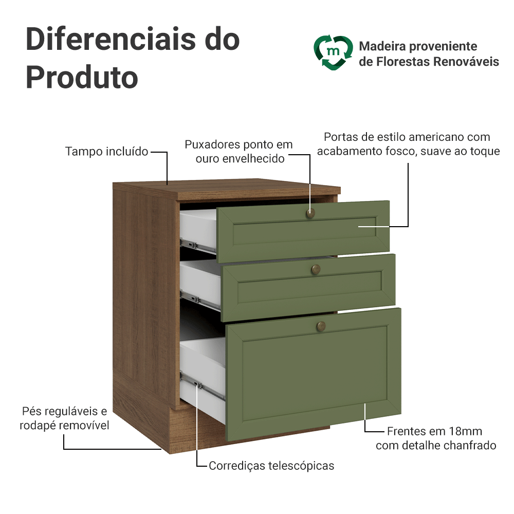 Balcão de Cozinha 60 cm 3 Gavetas Rustic/Verde Vik Madesa