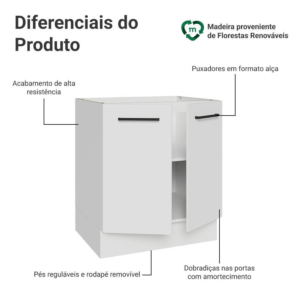 Balcão de Cozinha 70 cm 2 Portas (Sem Tampo) Branco Agata Madesa