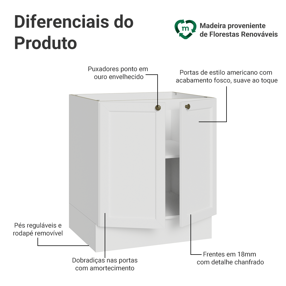 Balcão de Cozinha 70 cm 2 Portas (Sem Tampo) Branco Vik Madesa
