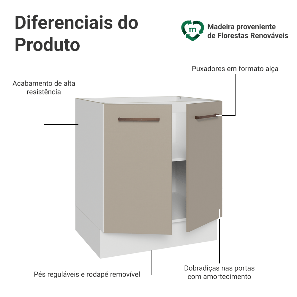 Balcão de Cozinha 70 cm 2 Portas (Sem Tampo) Branco/Crema Agata Madesa