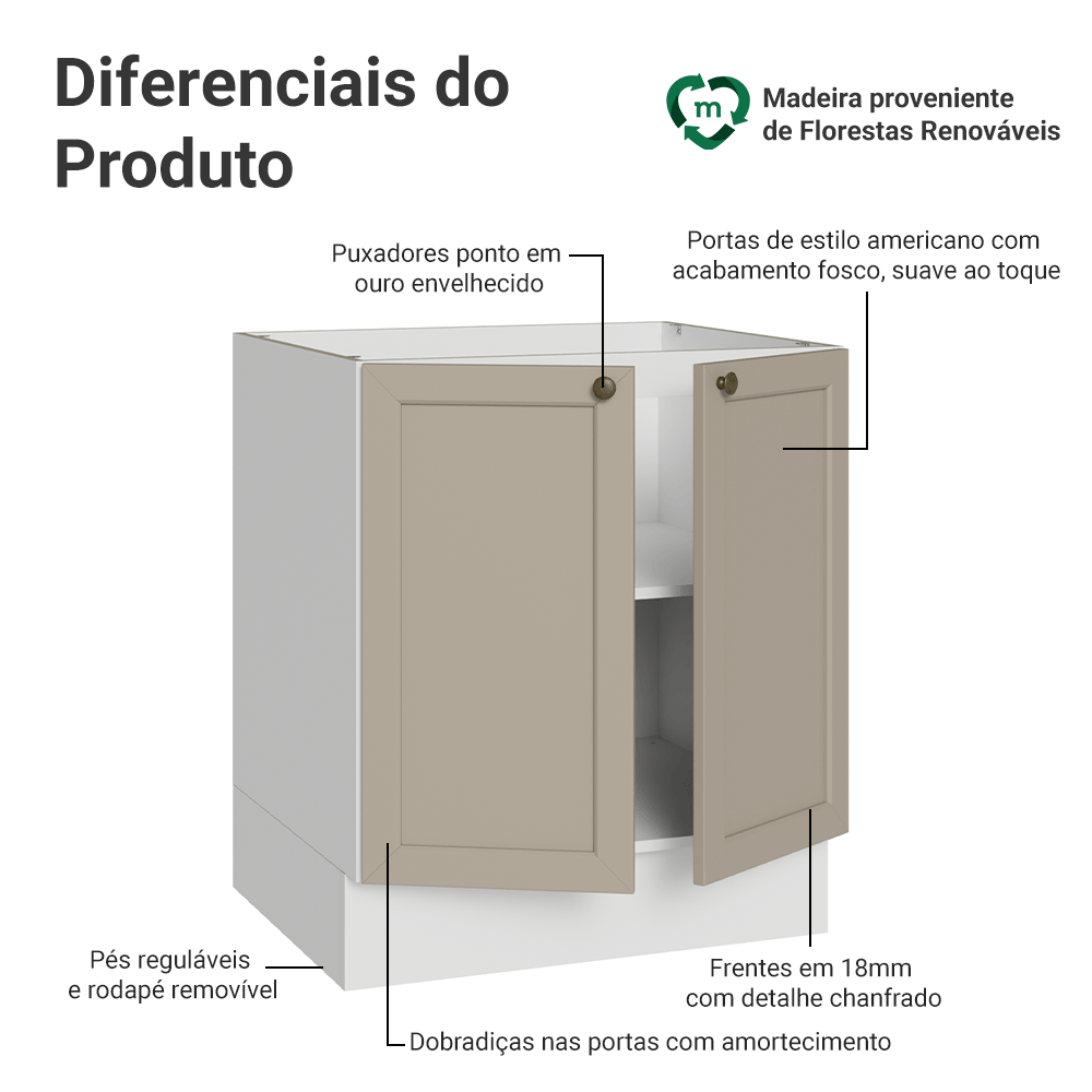 Balcão de Cozinha 70 cm 2 Portas (Sem Tampo) Branco/Crema Vik Madesa