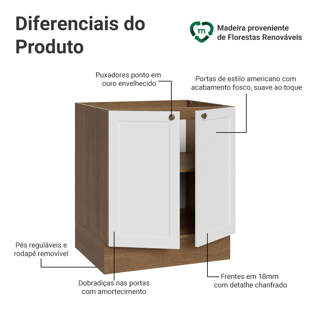 Balcão de Cozinha 70 cm 2 Portas (Sem Tampo) Rustic/Branco Vik Madesa