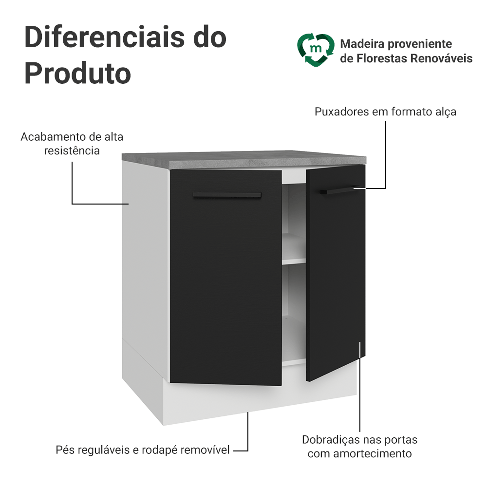 Balcão de Cozinha Madesa Agata 70 cm 2 Portas Branco/Preto