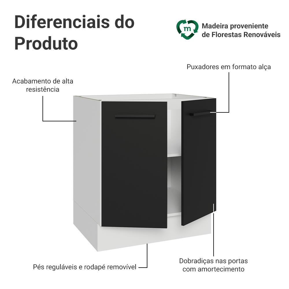 Balcão de Cozinha 70 cm 2 Portas (Sem Tampo) Branco/Preto Agata Madesa