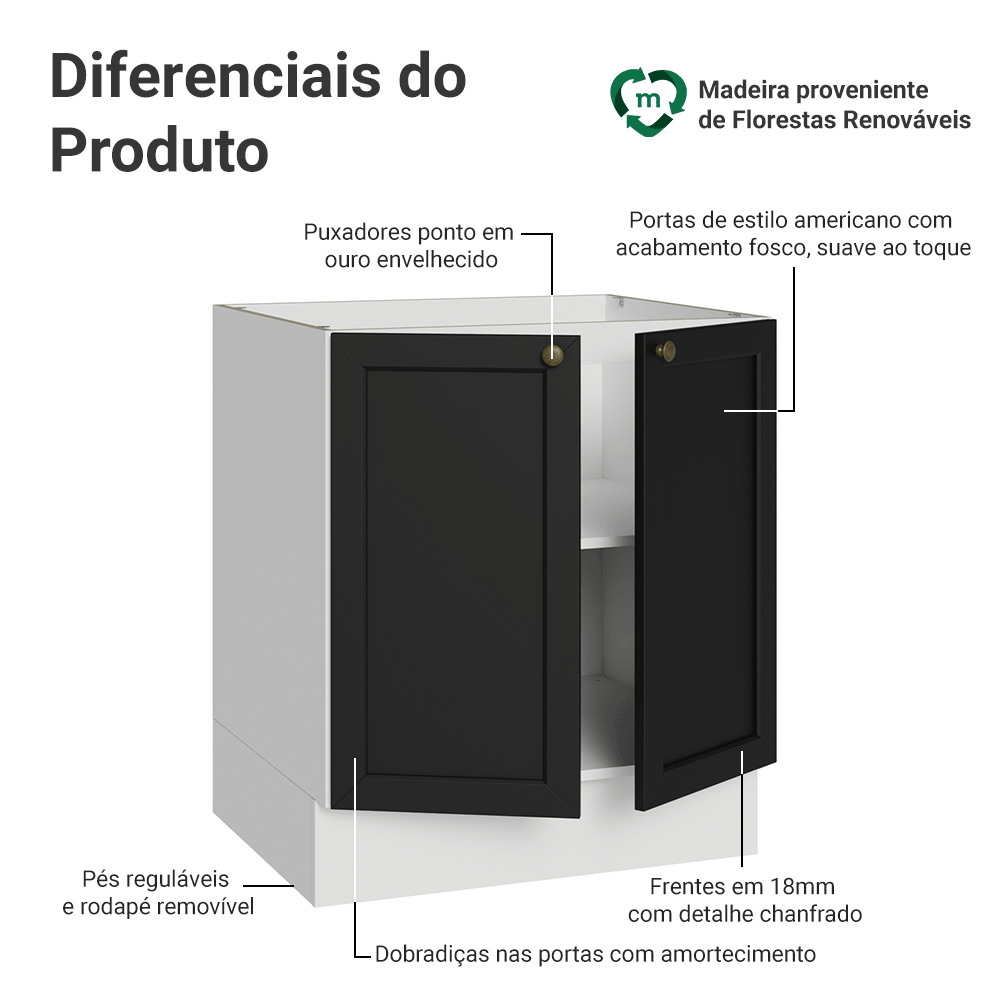 Balcão de Cozinha 70 cm 2 Portas (Sem Tampo) Branco/Preto Vik Madesa
