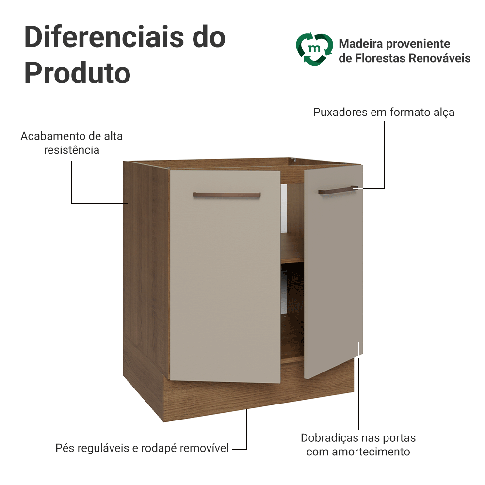 Balcão de Cozinha 70 cm 2 Portas (Sem Tampo) Rustic/Crema Agata Madesa