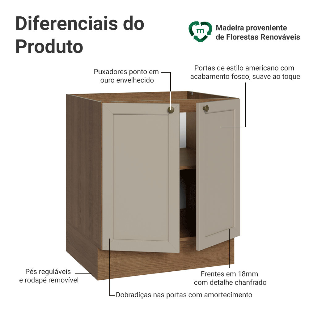 Balcão de Cozinha 70 cm 2 Portas (Sem Tampo) Rustic/Crema Vik Madesa
