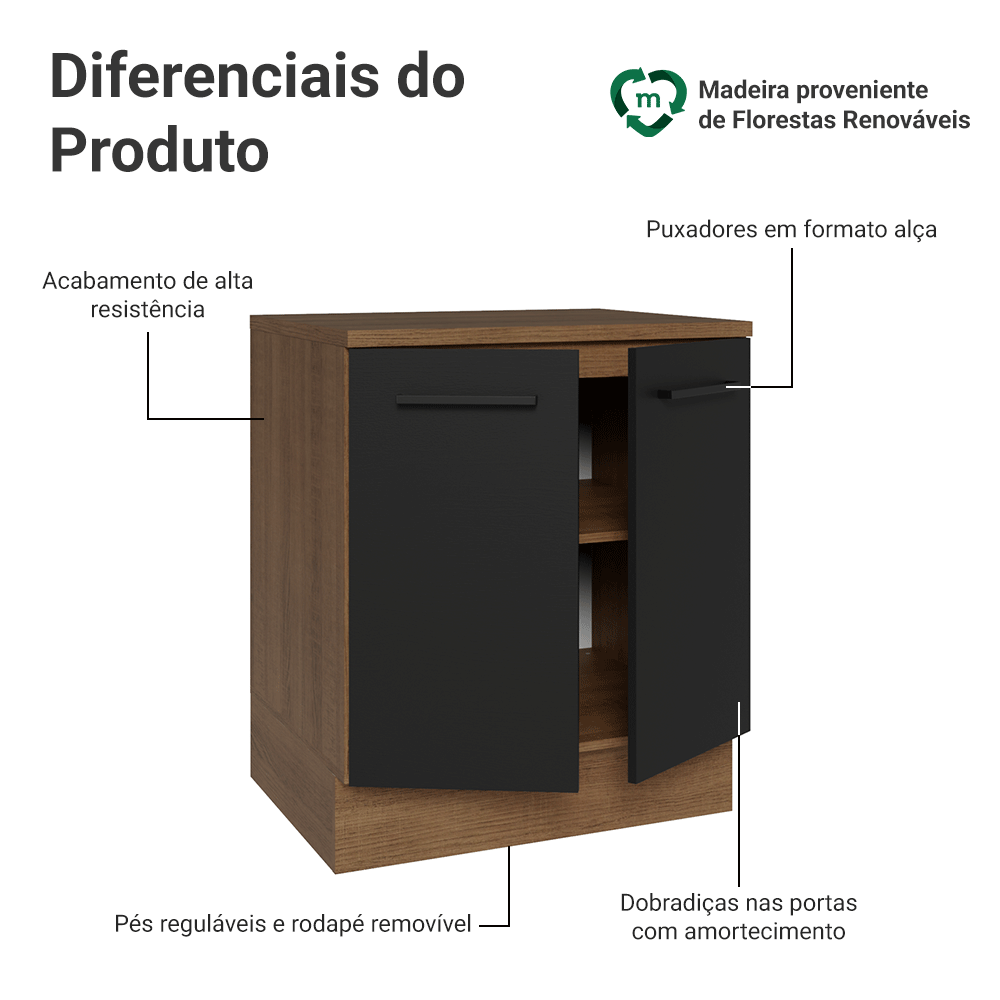 Balcão de Cozinha Madesa Agata 70 cm 2 Portas Rustic/Preto
