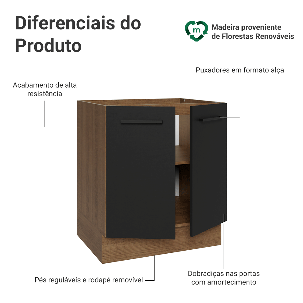 Balcão de Cozinha 70 cm 2 Portas (Sem Tampo) Rustic/Preto Agata Madesa