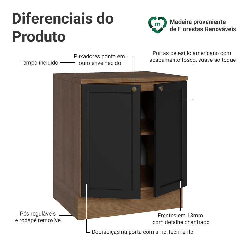 Balcão de Cozinha 70 cm 2 Portas Rustic/Preto Vik Madesa