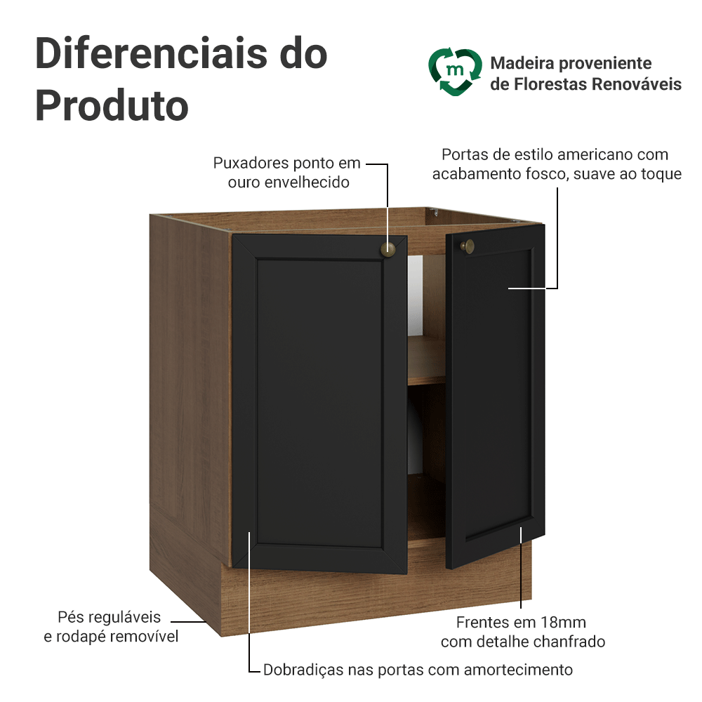 Balcão de Cozinha 70 cm 2 Portas (Sem Tampo) Rustic/Preto Vik Madesa