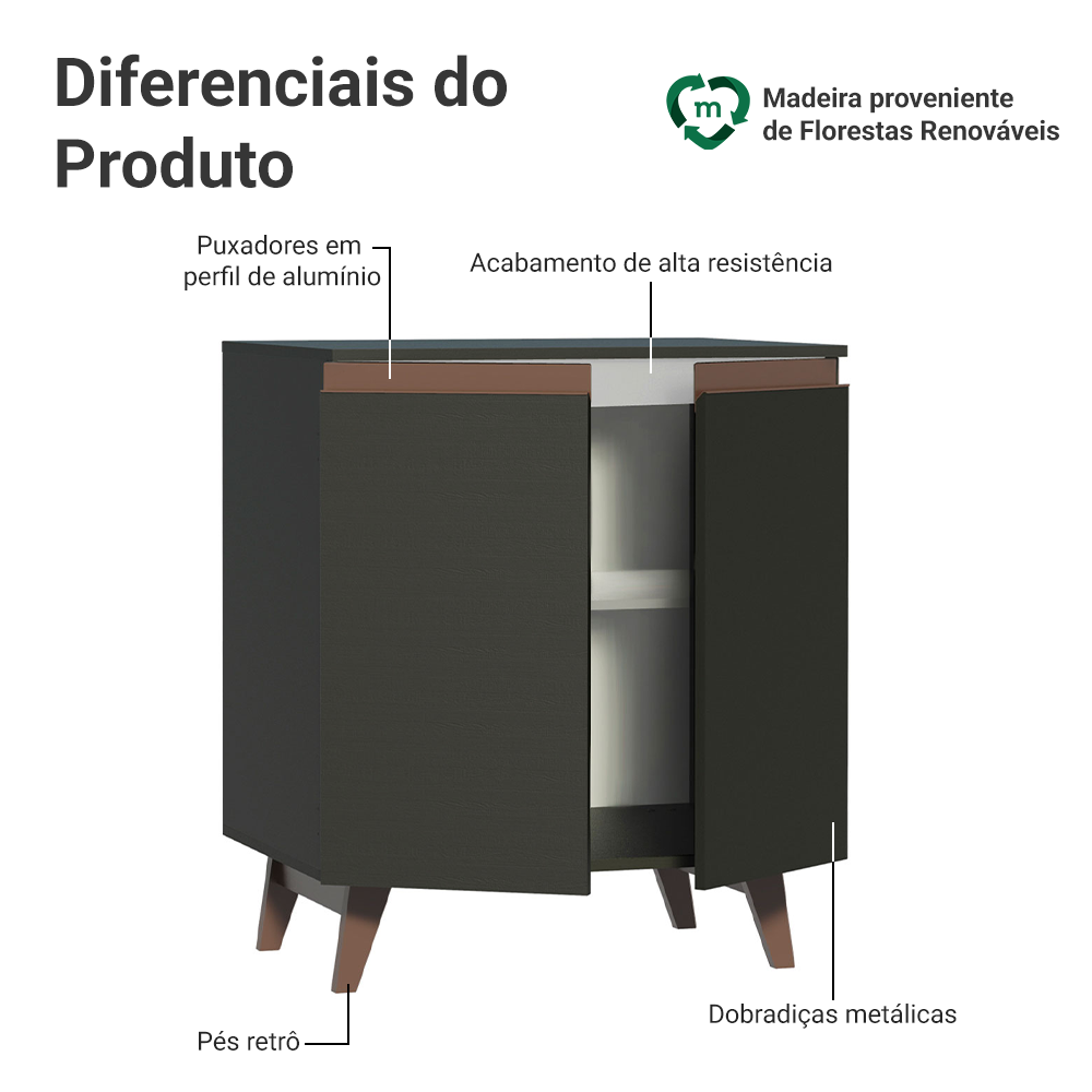 Balcão Madesa Reims 70 cm 2 Portas Preto