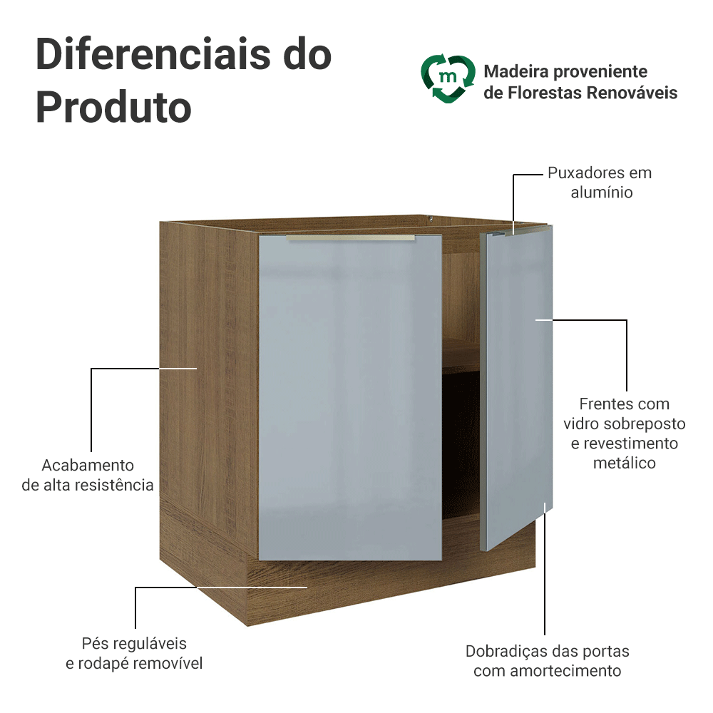 Balcão de Cozinha 70 cm 2 Portas (Sem Tampo) Rustic/Cinza Lux Madesa