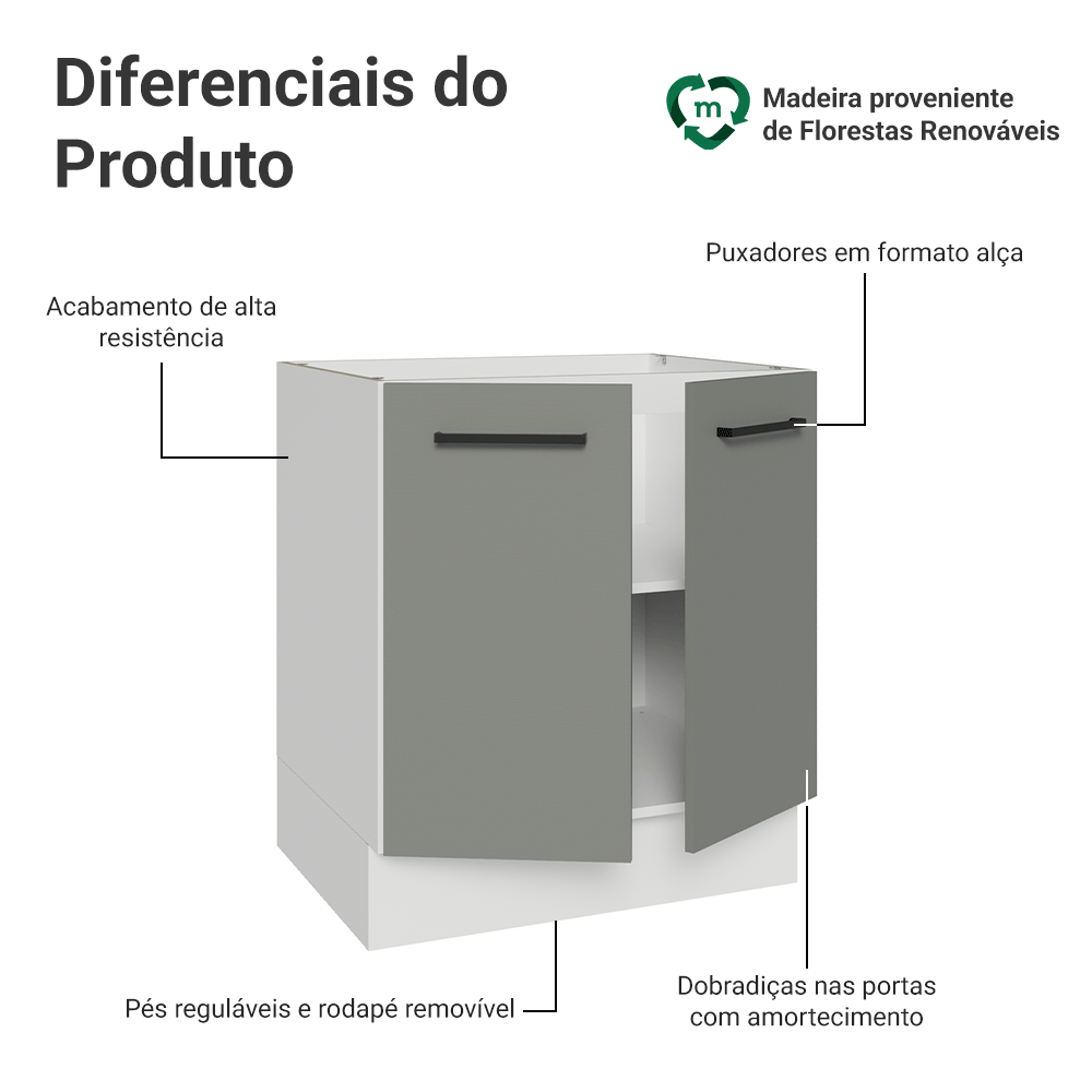 Balcão de Cozinha 70 cm 2 Portas (Sem Tampo) Branco/Cinza Agata Madesa