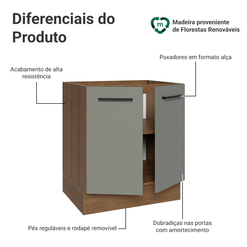 Balcão de Cozinha 70 cm 2 Portas (Sem Tampo) Rustic/Cinza Agata Madesa