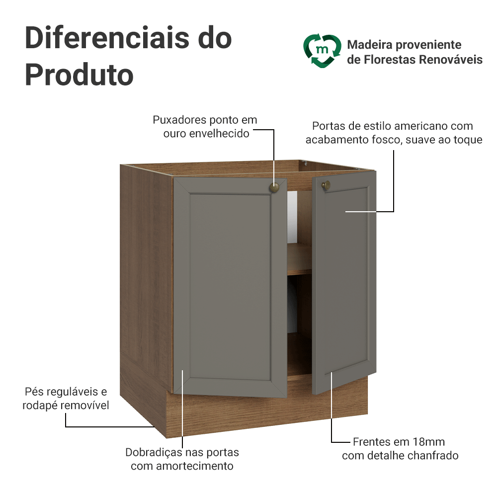 Balcão de Cozinha 70 cm 2 Portas (Sem Tampo) Rustic/Cinza Vik Madesa