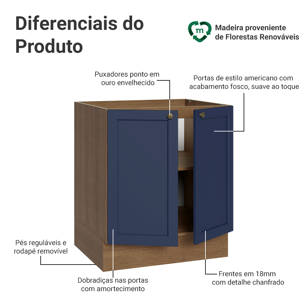 Balcão de Cozinha 70 cm 2 Portas (Sem Tampo) Rustic/Azul Vik Madesa