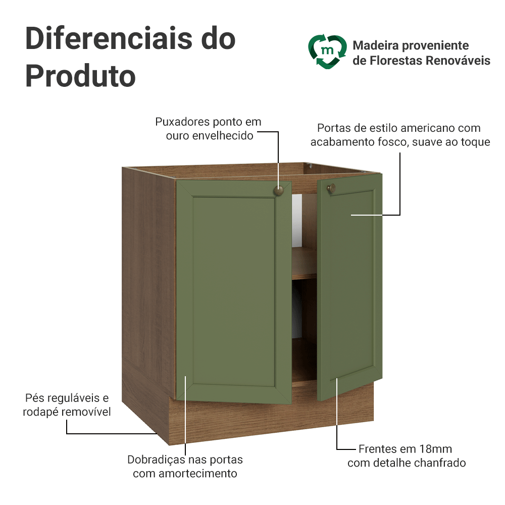 Balcão de Cozinha 70 cm 2 Portas (Sem Tampo) Rustic/Verde Vik Madesa