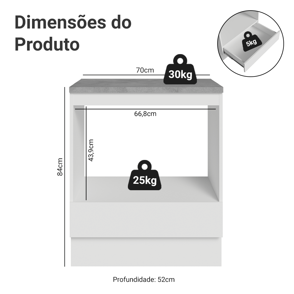 Balcão para Forno/Micro-ondas 70 cm 1 Gaveta Branco Madesa
