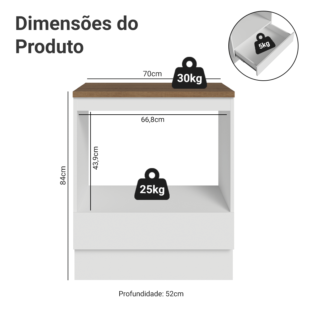 Balcão para Forno/Micro-ondas 70 cm 1 Gaveta Branco Tampo Rustic Madesa