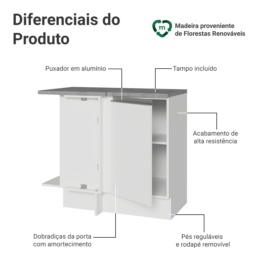 Balcão de Canto Madesa Glamy 1 Porta Branco