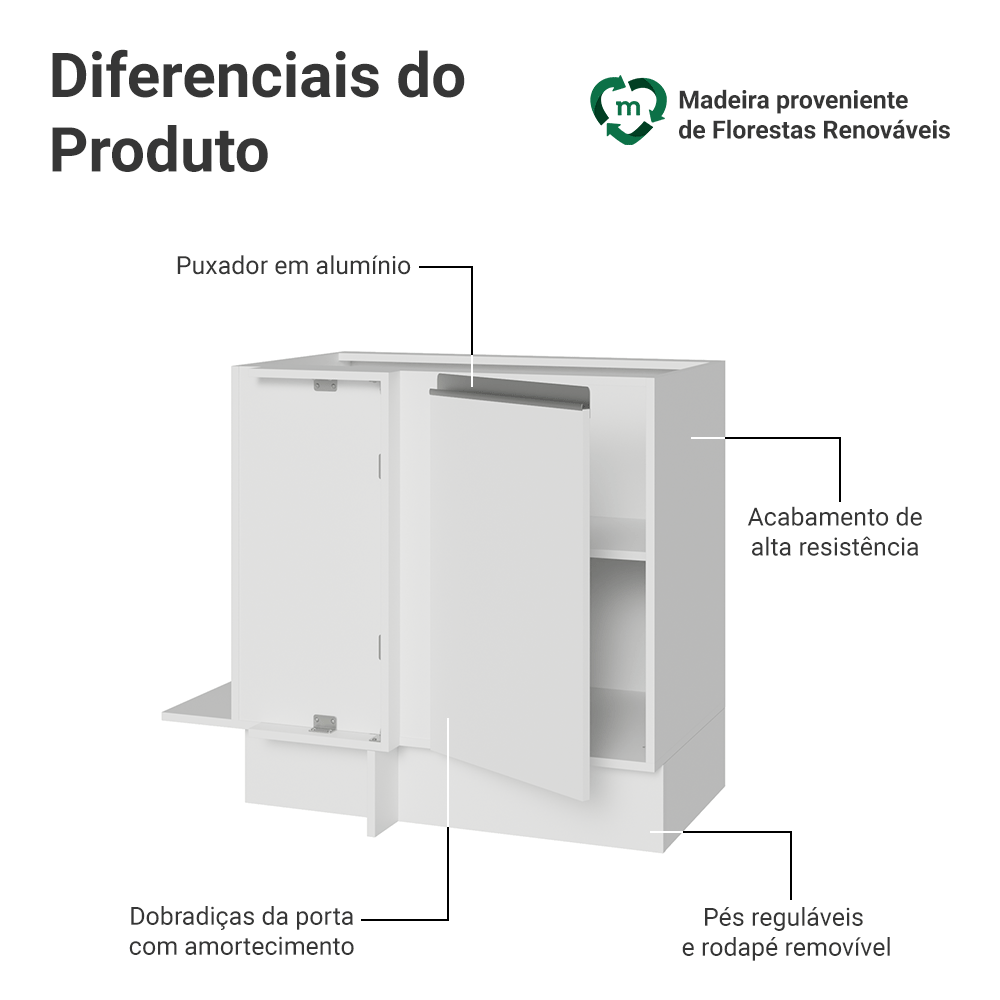Balcão de Canto 1 Porta (Sem Tampo) Branco Glamy Madesa