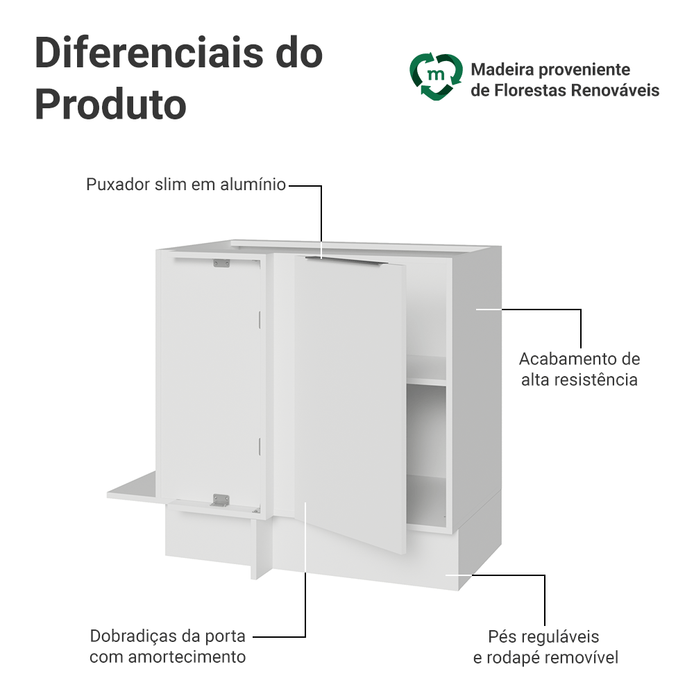 Balcão de Canto 1 Porta (Sem Tampo) Branco Stella Madesa