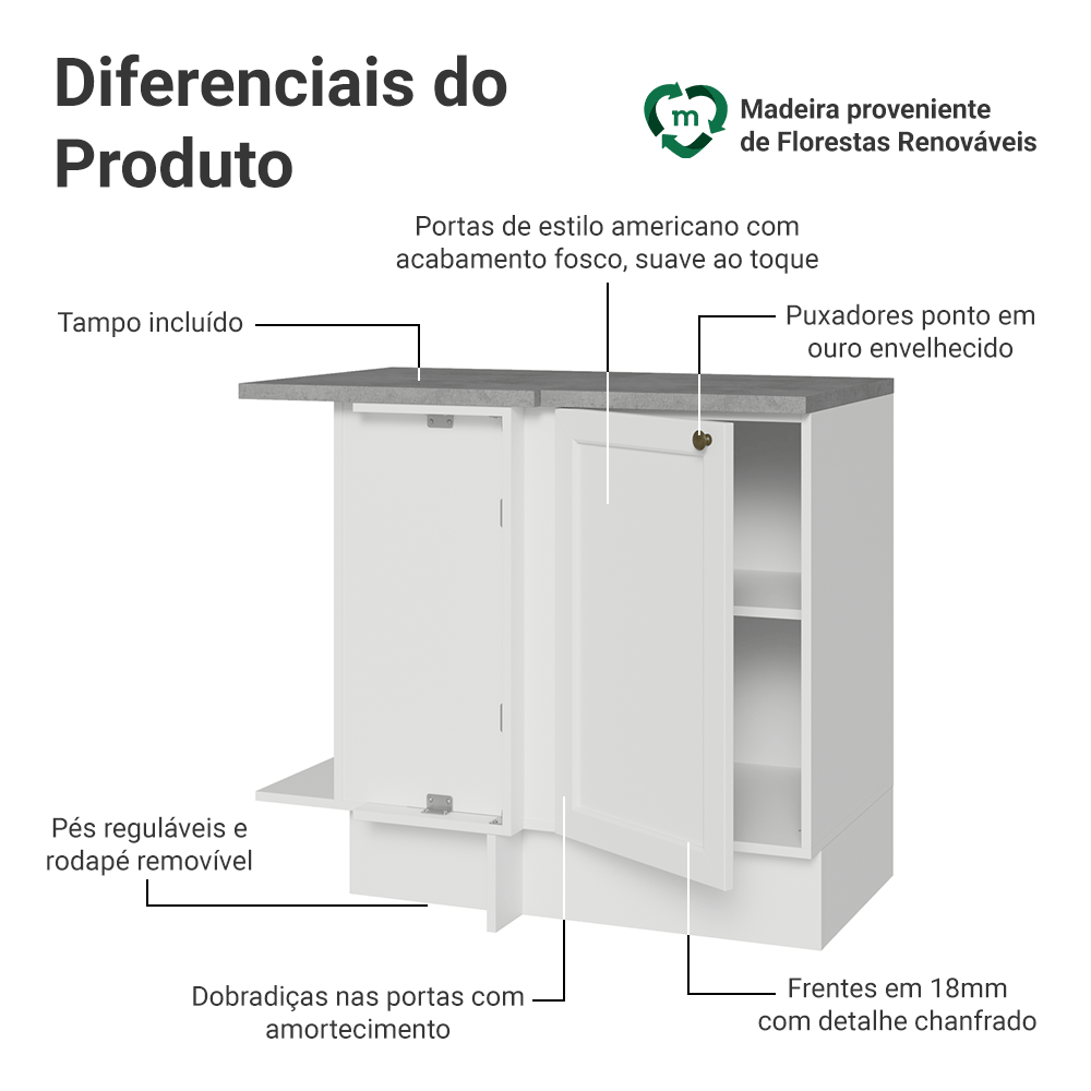Balcão de Canto 1 Porta Branco Vik Madesa