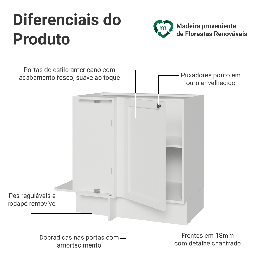 Balcão de Canto 1 Porta (Sem Tampo) Branco Vik Madesa