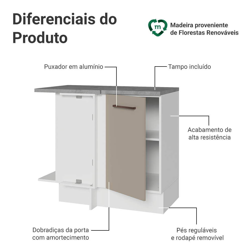 Balcão de Canto 1 Porta Branco/Crema Agata Madesa