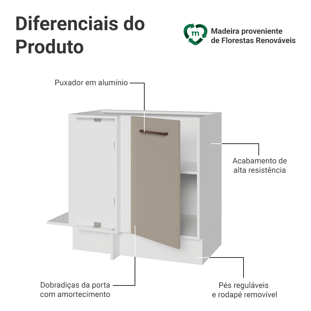 Balcão de Canto 1 Porta (Sem Tampo) Branco/Crema Agata Madesa