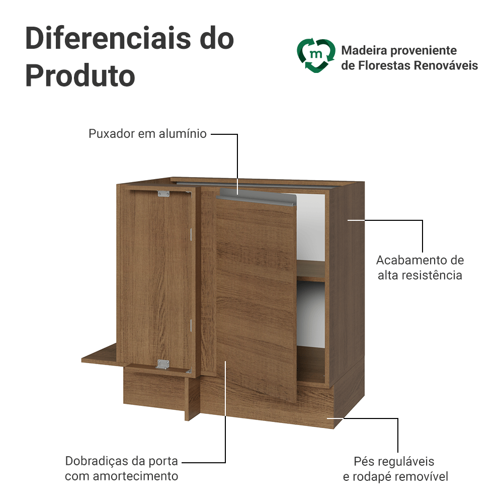 Balcão de Canto 1 Porta (Sem Tampo) Rustic Glamy Madesa