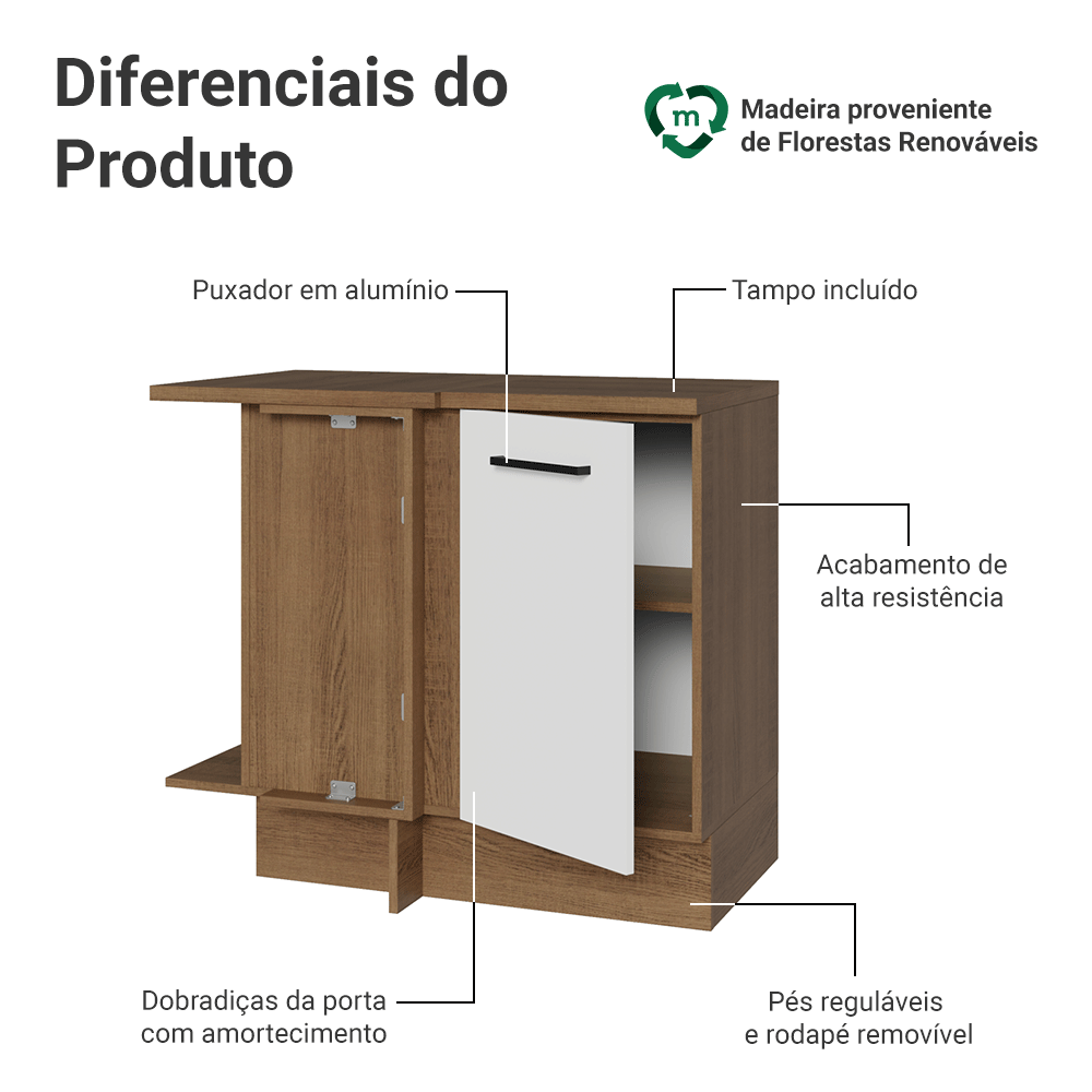 Balcão de Canto Madesa Agata 1 Porta Rustic/Branco